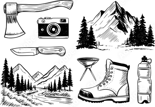 Hand Drawn Camping Gear and Mountain Landscape White Background hiking adventure