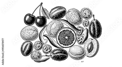 An Intricate Black and White Vintage Engraving Illustration Featuring an Assortment of Fresh Fruits