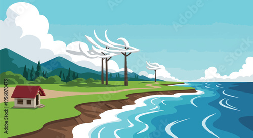 Vibrant depiction of a windswept coastline with a solitary cottage, animated trees, and restless sea