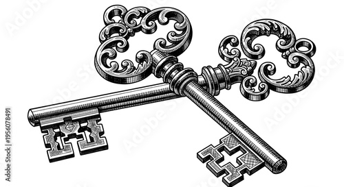 A Classic Engraving Style Illustration Featuring Two Ornate Vintage Skeleton Keys Crossed Together