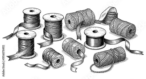 A Detailed Engraved Illustration of Various Spools and Rolls of Ribbons and Thread