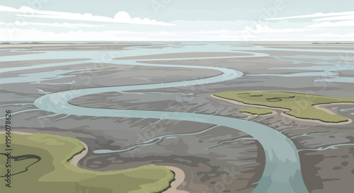 A captivating aerial illustration of a vast, intricate river delta with winding channels, expansive tidal flats, and lush green marshland under a