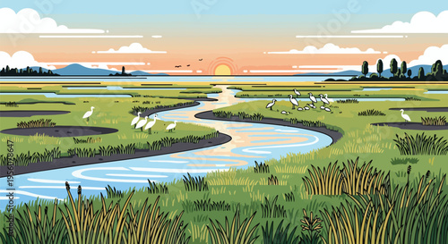 Graceful egrets in a vibrant wetland marsh at tranquil sunrise with a winding river