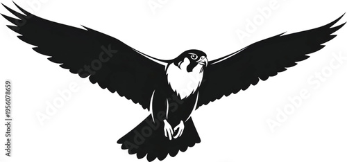 Dynamic and powerful black and white illustration of a majestic falcon in full flight, showcasing its outstretched wings and keen predator gaze, embodying speed, freedom, and strength