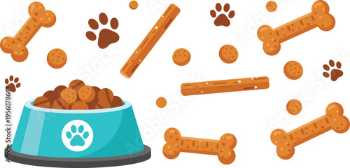 Dog food bowl with kibble and treats pattern pet nutrition background with bones cookies and paw prints vector illustration