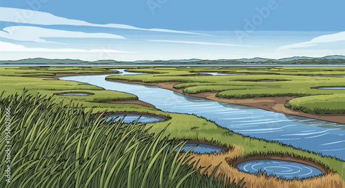Illustrative panorama of a tranquil green marshland ecosystem under a clear blue sky, featuring a meandering river and scattered water pools amidst