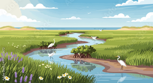 Vibrant wetland ecosystem with wading birds and lush marshland foliage under a bright sky
