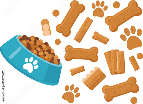 Dog food and treats collection with kibble bowl bones and snacks pet nutrition vector illustration set