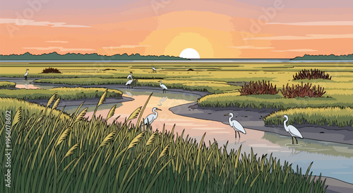 Serene marshland habitat during sunset featuring elegant egrets standing in calm waters among golden reeds under an orange-hued sky a peaceful