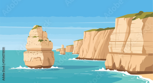 Scenic Vector Illustration of Coastal Cliffs and Majestic Sea Stacks in Turquoise Ocean Waters Under Clear Blue Sky