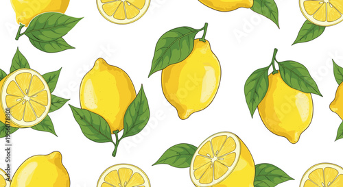 Lemon seamless pattern with fresh citrus fruits and leaves hand drawn style summer background vector illustration