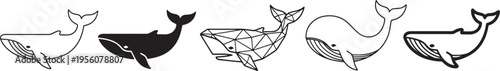 Diverse artistic styles of whales depicted in simple line drawings