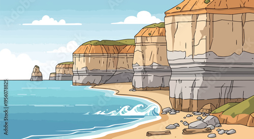 Coastal cliffs and tranquil ocean waves on a sunny day vector illustration a serene landscape with natural rock formations and a pristine sandy