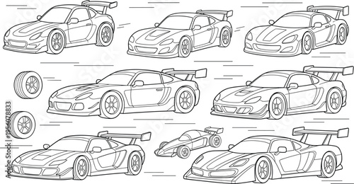 Racing Supercar Outline Set with High Speed Sports Cars Motion Lines Front Side and Perspective Views for Automotive Design Vector Illustration Collection