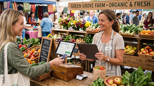 Friendly organic market payment with fresh produce, digital tablet, and happy customers