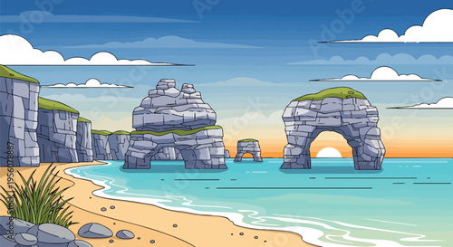A vibrant cartoon illustration showcasing a picturesque coastal panorama. It features majestic sea arches, rugged cliffs, and a pristine sandy beach.