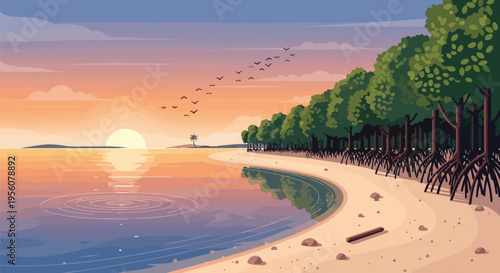 Vibrant tropical coastal scene at golden hour, showcasing mangroves, sandy beach, and soaring birds.