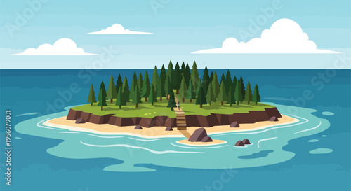 Serene cartoon island with lush green trees, sandy beach, and clear blue water.