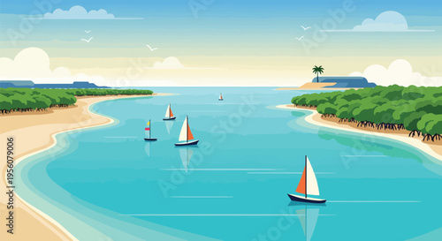 Serene tropical seascape with sailboats navigating calm turquoise waters near lush green coastlines under a clear sky.
