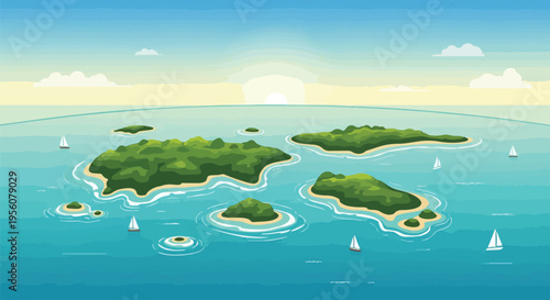 Serene tropical archipelago with sailboats sailing across calm turquoise waters at dawn