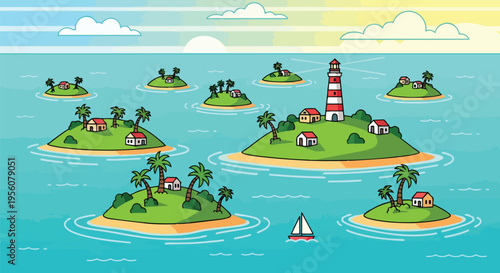 Vibrant cartoon island group: numerous small green landmasses with palm trees, cozy homes, a red and white lighthouse, and a tiny sailboat on
