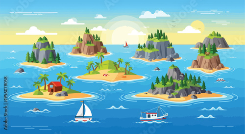 Cartoon seascape featuring a vibrant island archipelago with various boats and lush tropical nature under a bright sky