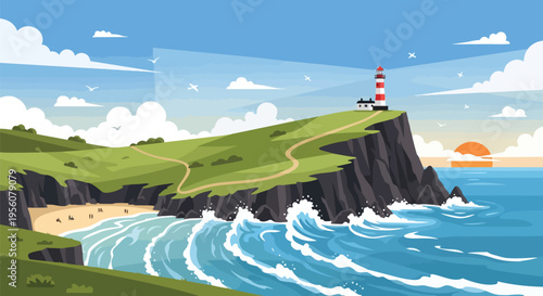 Idyllic coastal panorama with a guiding lighthouse on a dramatic cliff overlooking a serene beach at sunset a picturesque tranquil seascape