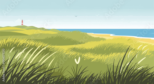 A serene coastal landscape featuring rolling green dunes, a golden sandy beach, and the vast blue ocean under a tranquil sky, with a distant