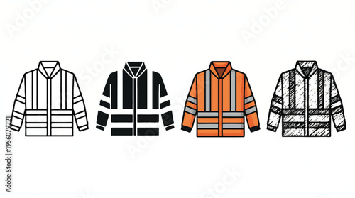 Set of four reflective safety jackets in different styles and colors with safety jacket