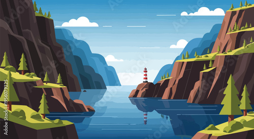 Illustrative fjord landscape featuring a majestic lighthouse amidst towering cliffs and tranquil blue waters under a serene sky
