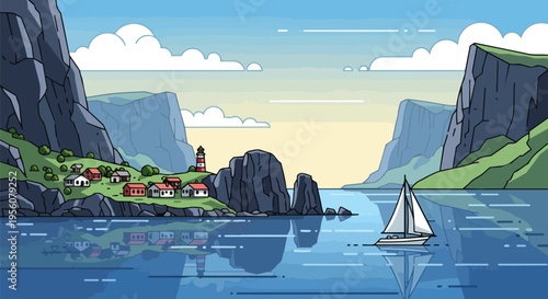 A vibrant cartoon landscape depicting a serene fjord, a quaint village with a lighthouse, and a lone sailboat gracefully traversing calm, reflective