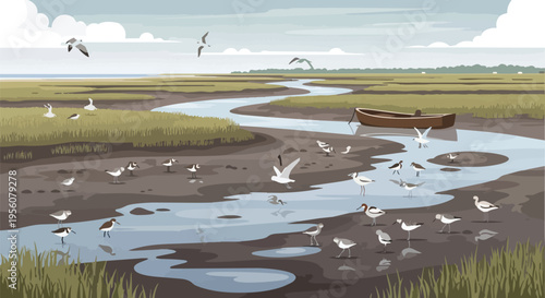 Wetland ecosystem illustration featuring diverse wading birds, a winding estuary, and a calm, small boat