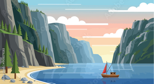 Serene coastal landscape featuring majestic cliffs, a sandy beach, and a sailboat on calm waters.
