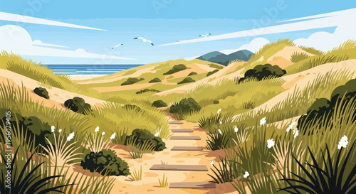 Coastal dune landscape with a winding path to the ocean under a bright sky