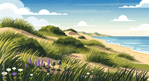 Vibrant coastal landscape illustration with rolling sand dunes, wild beach grass, and wildflowers under a clear blue sky