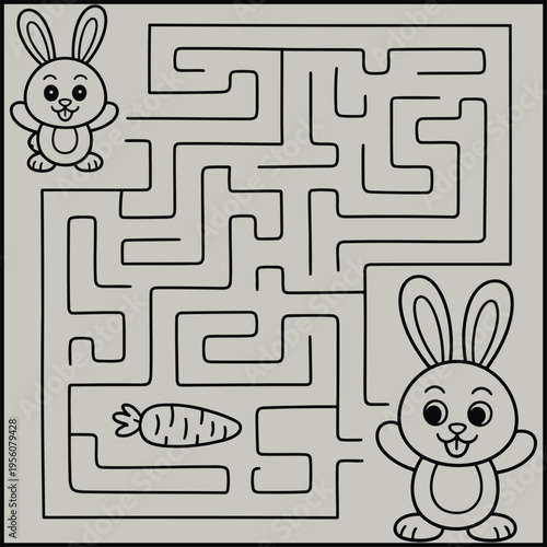 Black and white illustration of a maze with two cute rabbits and a carrot for kids to solve and find a solution