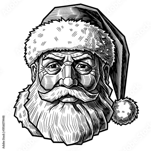 A Detailed Vintage Engraving Style Illustration of Santa Claus Head with Festive Christmas Hat