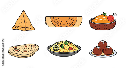 Delicious and colorful Indian food dishes illustration on white background.