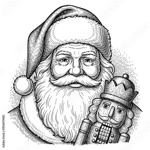 Vintage Engraving Style Illustration of Santa Claus Holding a Classic Nutcracker Soldier for Christmas Festivities