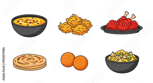 Delicious Indian food dishes including curry, fried chicken, paratha, and more in a vector illustration.