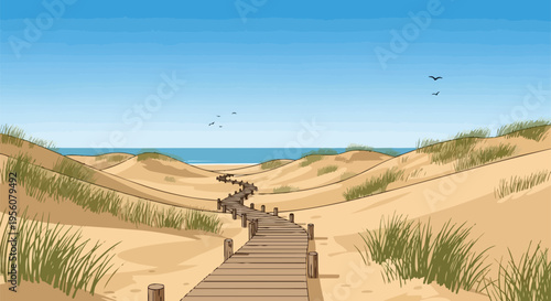 A serene coastal journey on a winding wooden boardwalk through golden sand dunes, leading towards the tranquil blue ocean beneath a vast, clear sky,