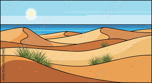 Stylized desert coastline illustration showcasing vast golden sand dunes and clear blue ocean under bright sun with sparse green grass tufts.