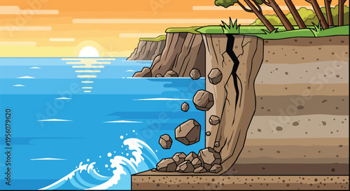 Vivid Illustration of Coastal Cliff Erosion and Landslide into the Ocean at Sunset