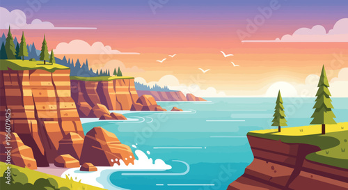 Vibrant coastal landscape at sunrise featuring majestic cliffs and a serene ocean vista with distant forest and soaring birds under a pastel sky. A