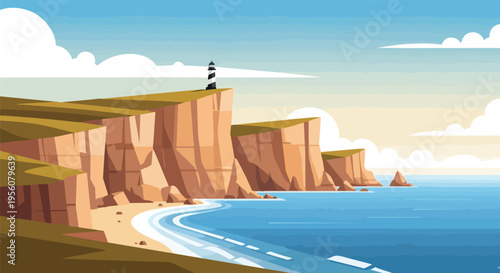 Illustrative coastal landscape featuring a prominent striped lighthouse atop towering ocean cliffs, a serene sandy beach, and clear blue water with
