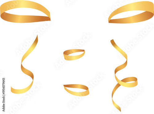 Gold ribbon confetti and streamers isolated on white background with birthday party