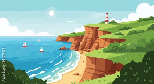 Vibrant coastal landscape with a charming lighthouse overlooking an azure sea dotted with graceful sailboats