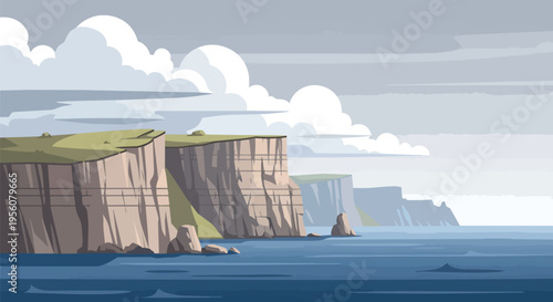 Majestic coastal cliffs rise dramatically from the tranquil deep blue ocean under a vast, cloud-filled sky, showcasing nature's enduring power and