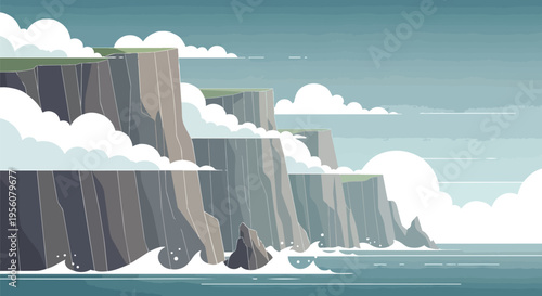 A stunning minimalist digital illustration showcasing dramatic coastal sea cliffs with powerful ocean waves crashing against their rugged bases