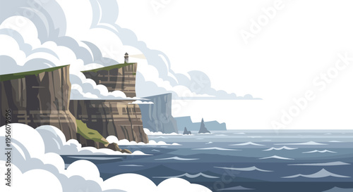 Dramatic coastal cliffs rise majestically from the vast ocean under a cloudy sky, crowned by a solitary lighthouse guiding ships through the mist